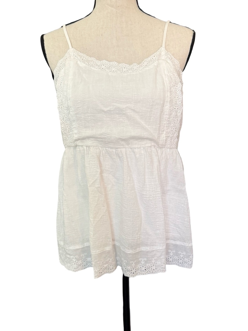 Fashion on Earth White Cotton Eyelet Babydoll Cami Tank Top Boho Large